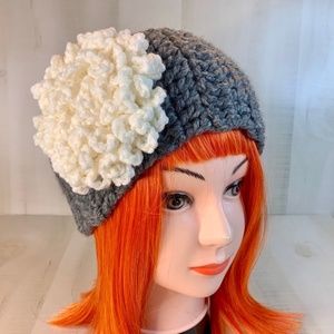 Chunky Headband - Ear warmer Gray Band White Flower Handcrafted